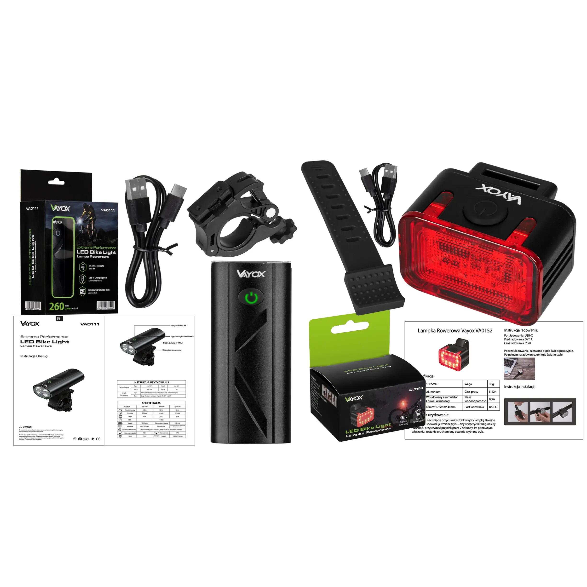 Sada cyklistických světel VA0112 + VA0152 přední a zadní USB-C 15/16