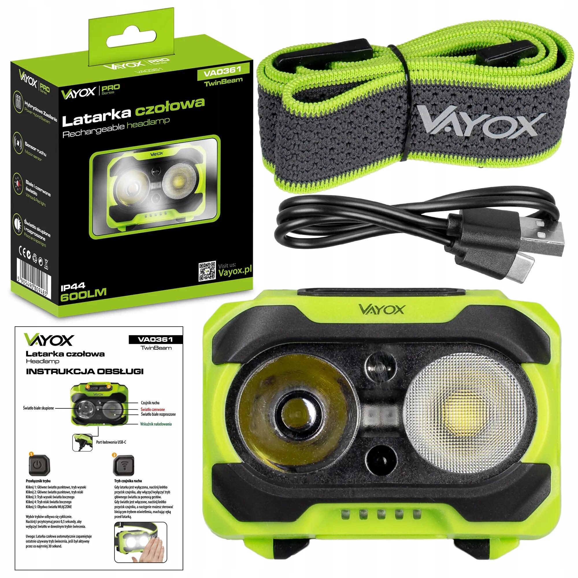 Latarka czołowa Vayox VA0361 TwinBeam 600lm akumulatorowa USB-C 15/16