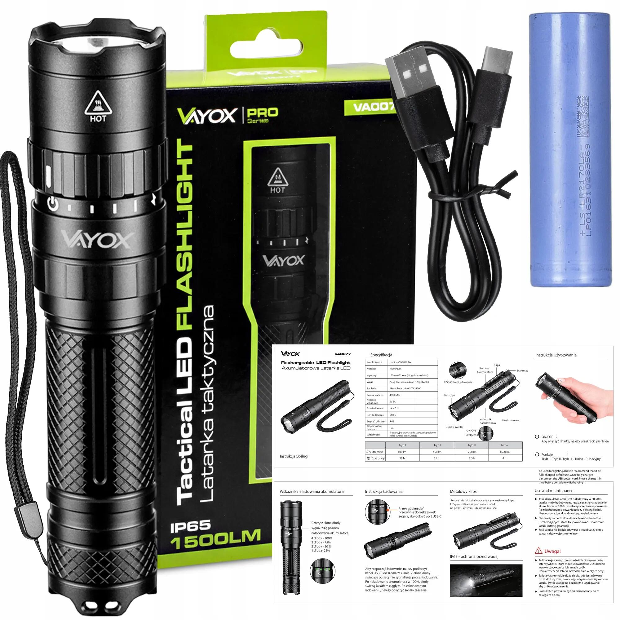 Lampe de poche manuelle Vayox VA0077, rechargeable, 1500lm 15/16