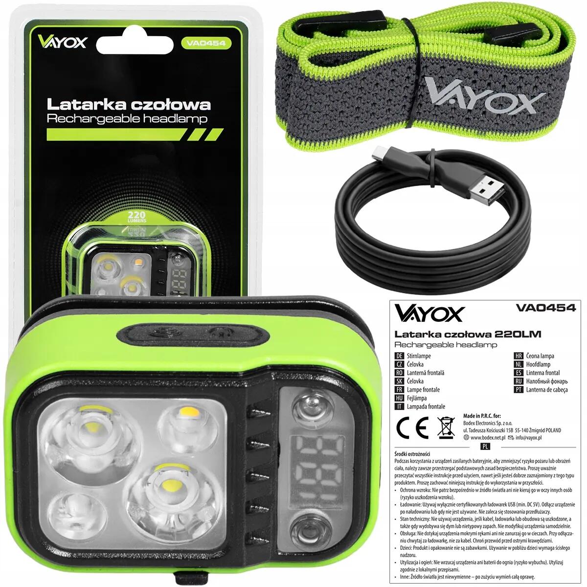 Lanterna de cabeça recarregável USB-C Vayox VA0454 220lm 15/15