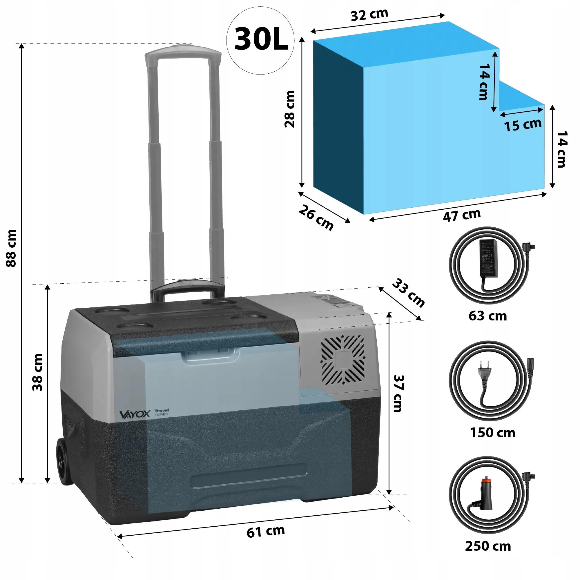 Vayox VA-T35 compressor koelbox voor op reis 12/24/230V wielen 30L 14/16