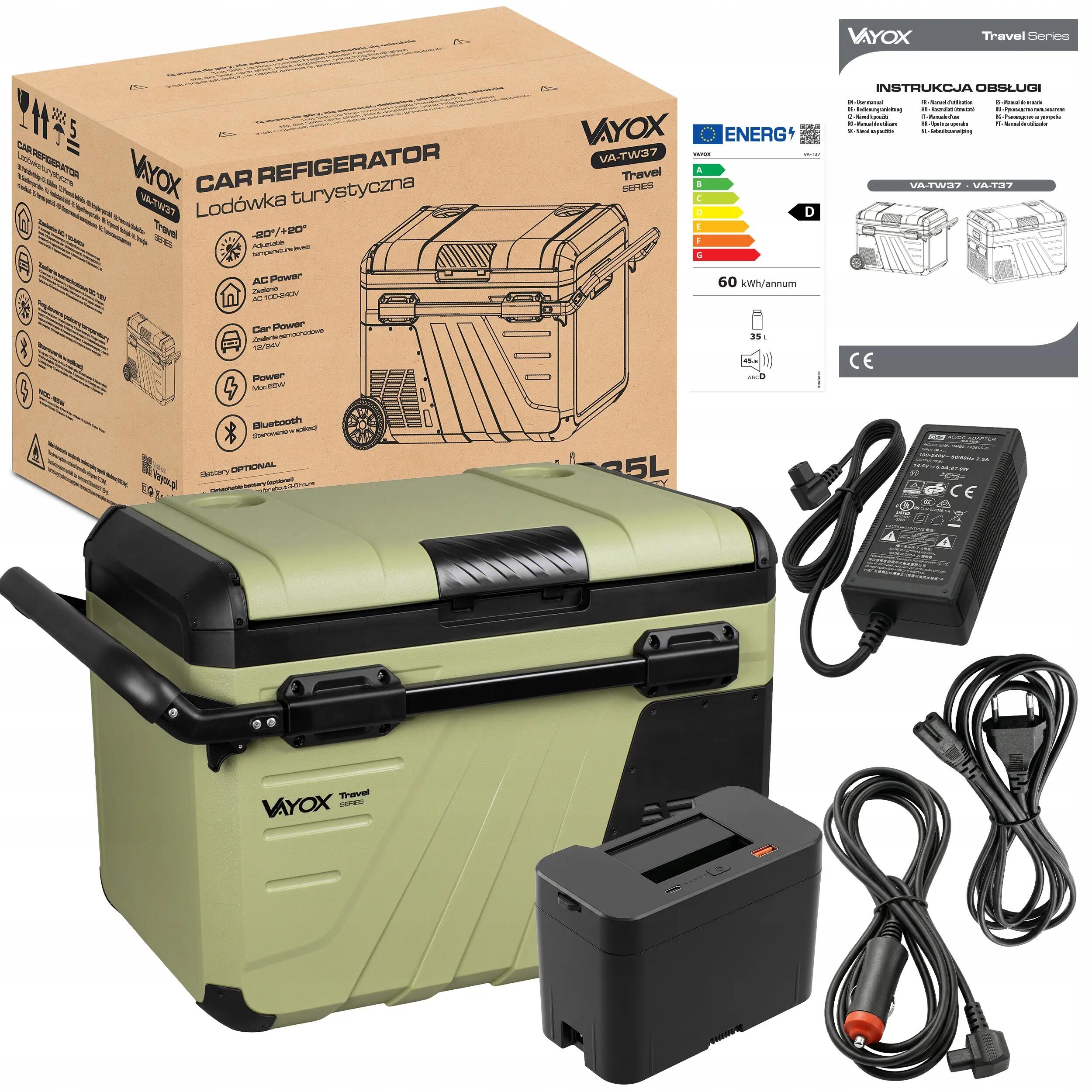 Vayox VA-TW37 compressor koelbox voor op reis 12/24/230V wielen accu 35L 15/16