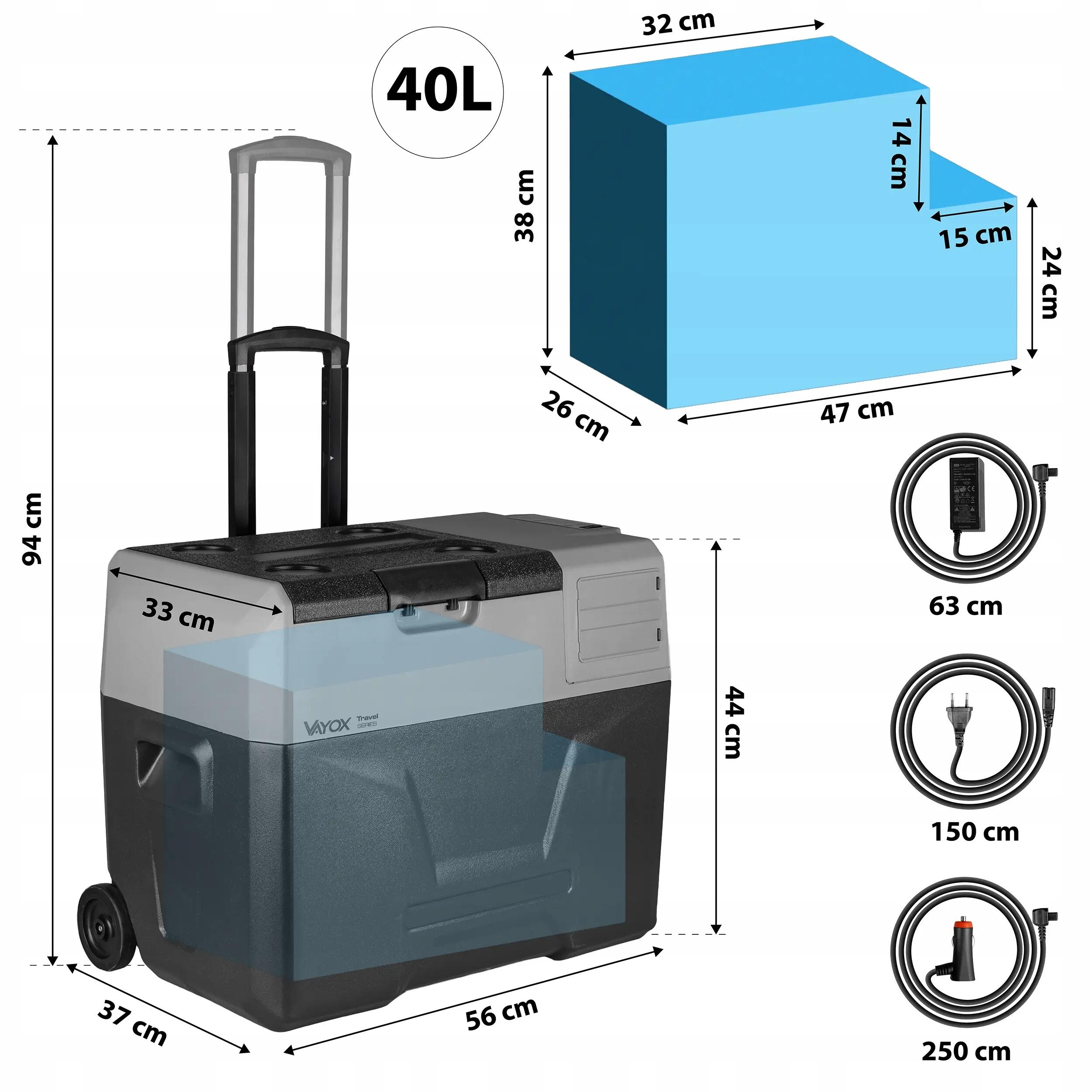 Kompressor-Kühlbox für unterwegs VAYOX VA-T40 12/24/230 V mit Akku, 40 L 14/16
