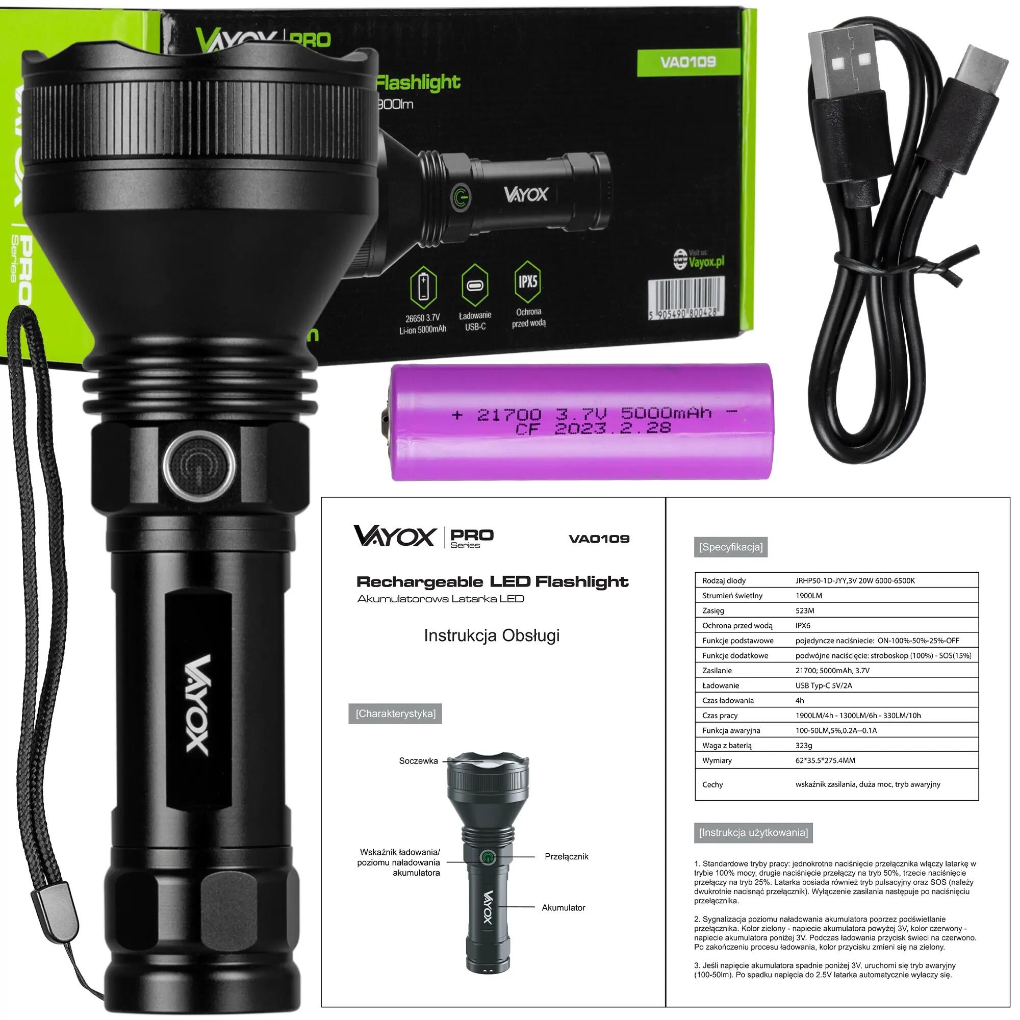 Vayox VA0109 USB-C Zaklamp 6500K 1900lm 15/16