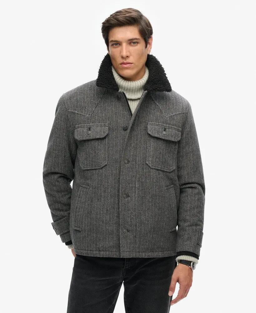 superdry Merchant Wool Chore Jas in CHARCOAL HERRINGBONE 4/7