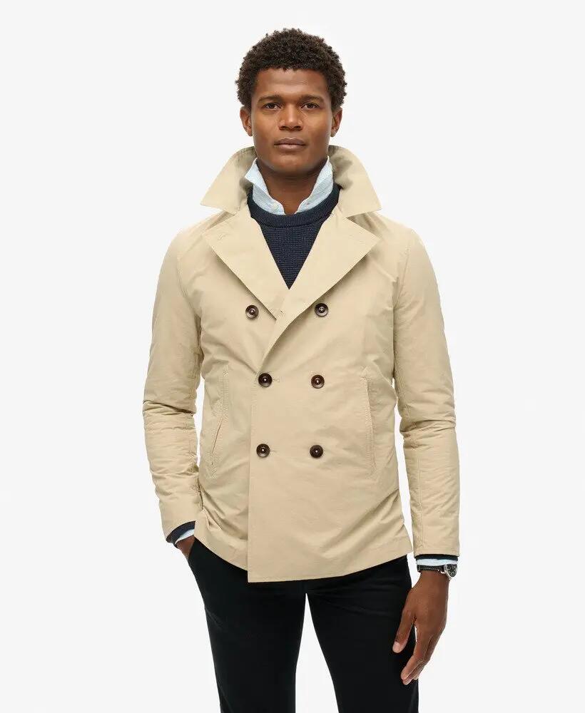 superdry Merchant Twill Pea Coat – Stone Wash Taupe Brown 4/7