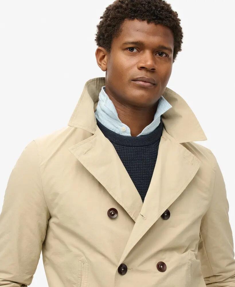 superdry Merchant Twill Pea Coat – Stone Wash Taupe Brown 3/7