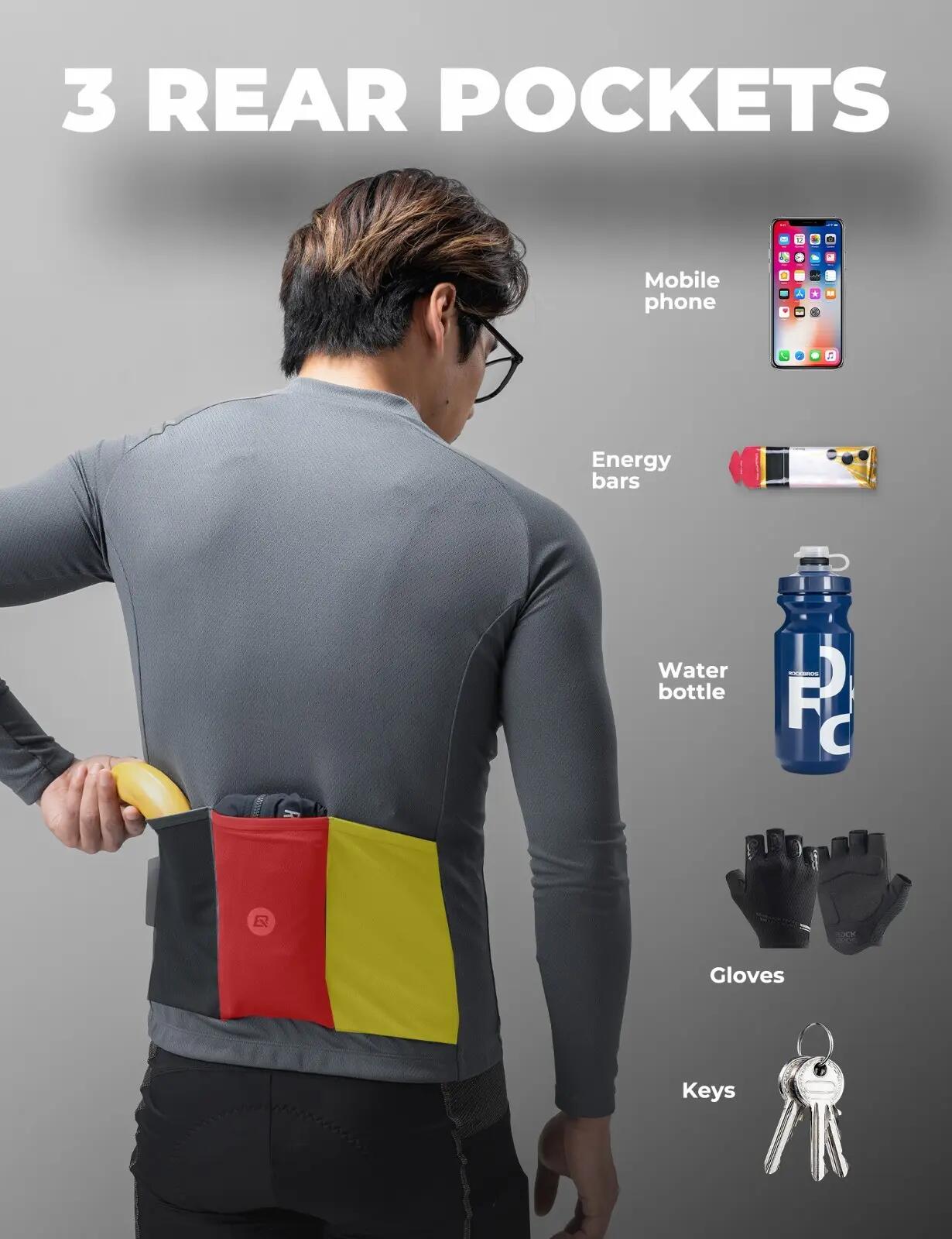 Herren Langarm-Radtrikot atmungsaktiv mit 3 Rückentaschen 4/6