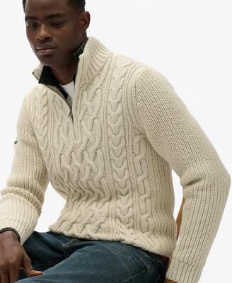 Superdry jacob kabelgebreide trui met halve rits — slim fit van wol en