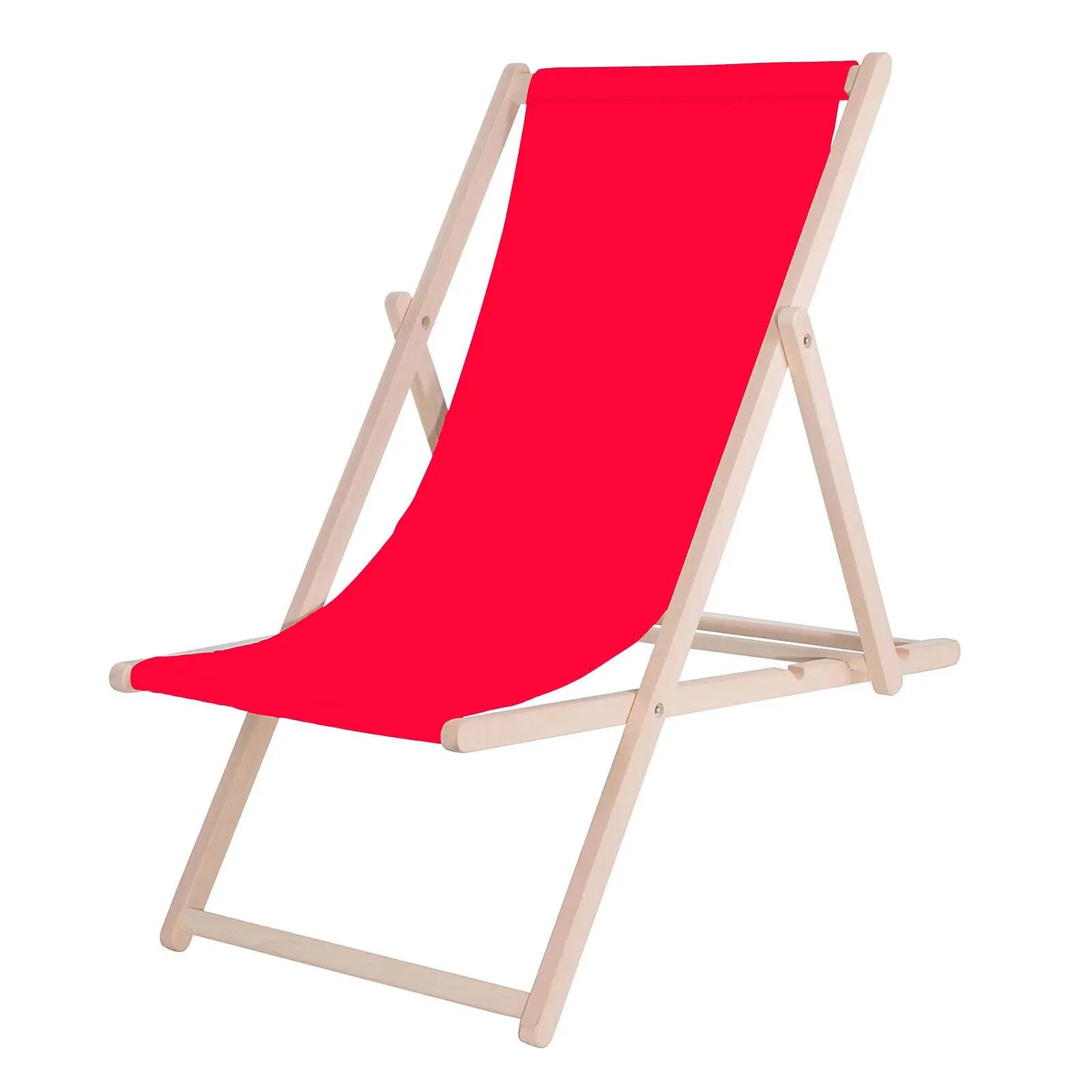 Leżak plażowy składany, drewniany z czerwonym materiałem 1/6