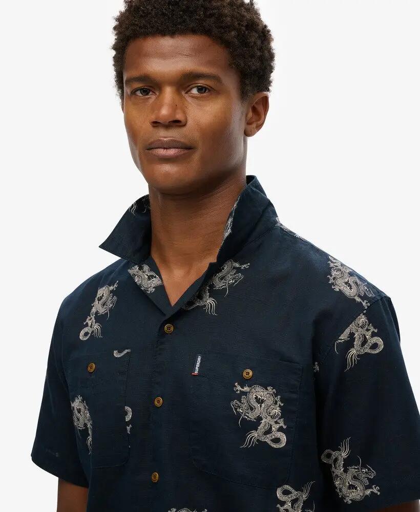superdry Short Sleeve Beach Shirt linnenmix – Draconic Navy 3/6