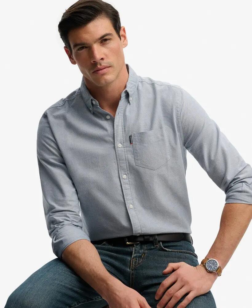 superdry Chemise Essential Oxford manches longues en coton – Deep Blue Chambray 2/7