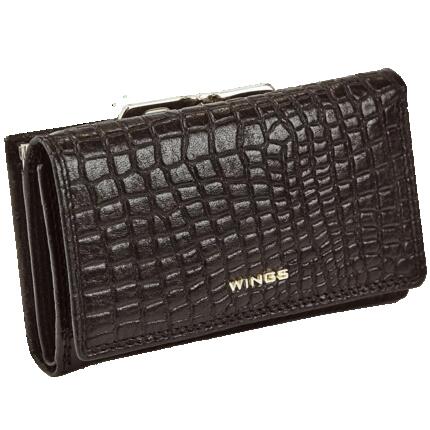 Damski portfel skórzany WINGS z ochroną RFID o pojemnym wnętrzu CROCO BLACK