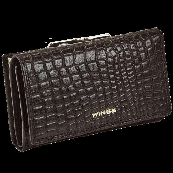 Damski portfel skórzany WINGS z ochroną RFID o pojemnym wnętrzu CROCO BLACK