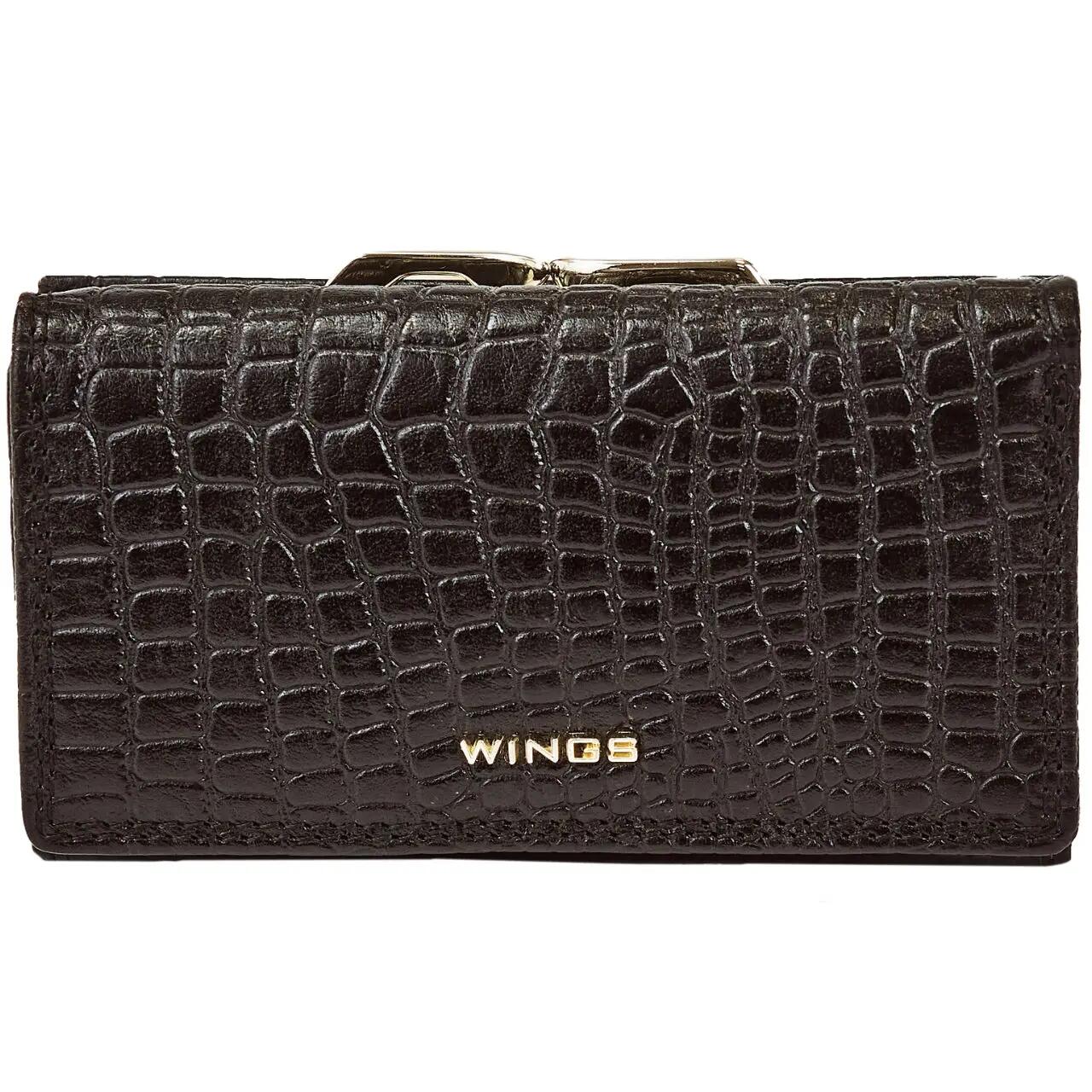 Damski portfel skórzany WINGS z ochroną RFID o pojemnym wnętrzu CROCO BLACK 2/6