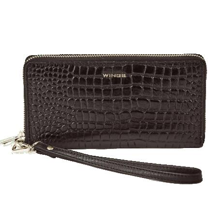 Damski portfel skórzany z paskiem na nadgarstek WINGS CROCO BLACK