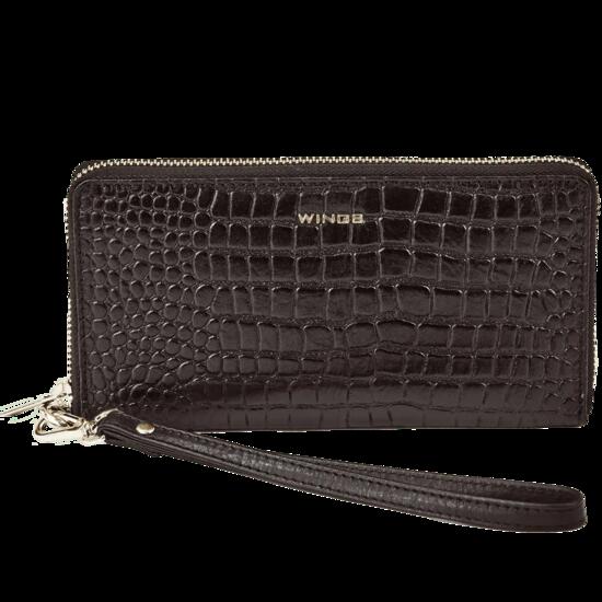 Damski portfel skórzany z paskiem na nadgarstek WINGS CROCO BLACK