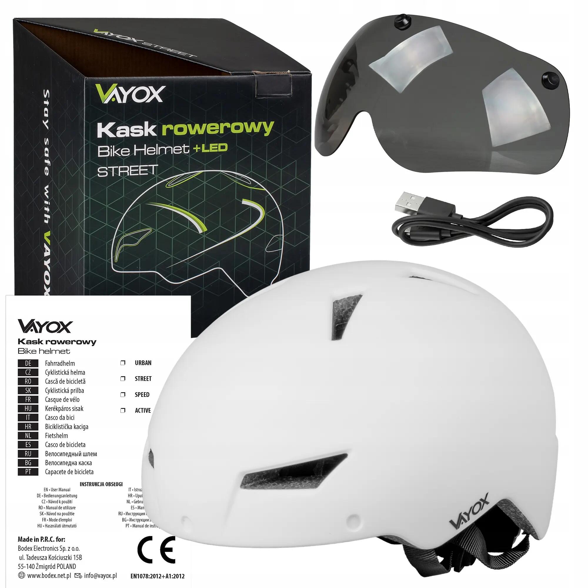 Helm für Fahrrad Roller Vayox Street VA0423 mit Visier und LED-Leuchte 55-58cm 15/16