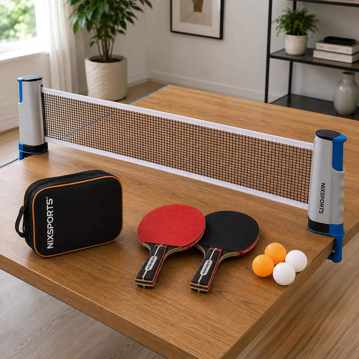 Tragbares Tischtennis-Set mit einziehbarem Netz 2 Schläger 3/7