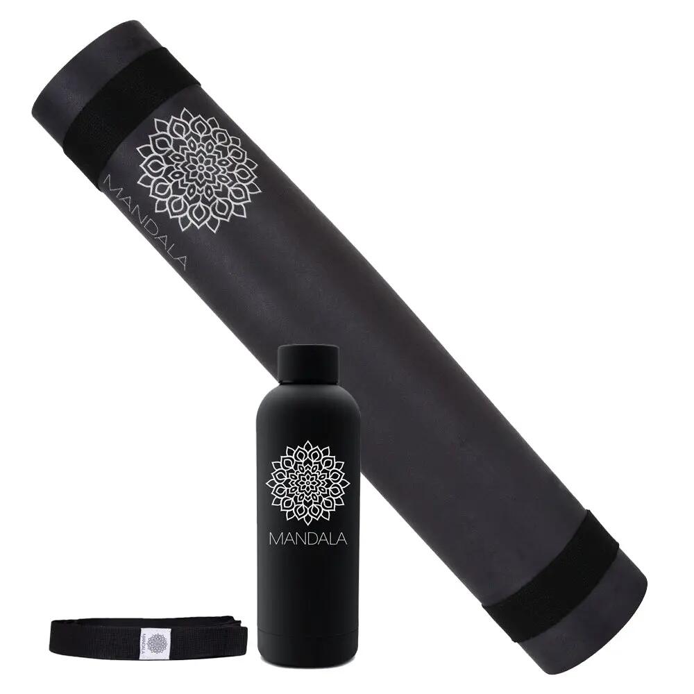 Mandala Yoga Mat Bundle 188cm x 61cm with Strap & Bottle - Black