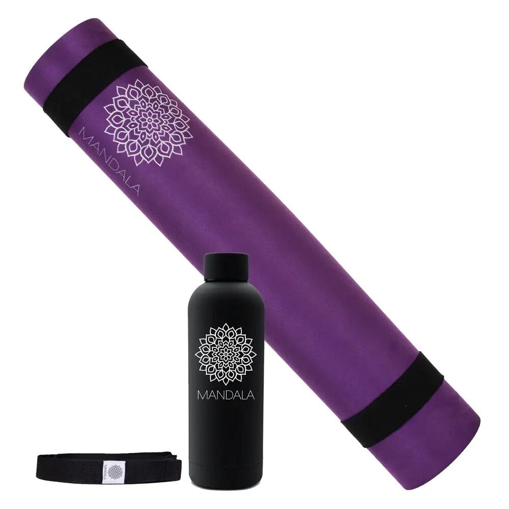 Mandala Yoga Mat Bundle 188x61cm, Strap & Steel Bottle - Purple