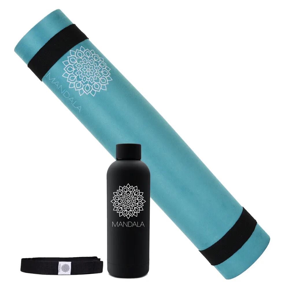 Mandala Yoga Mat Bundle 188x61cm 5mm, Strap & Bottle - Teal