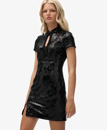 superdry Mandarin Pailletten Mini-Kleid in Schwarz