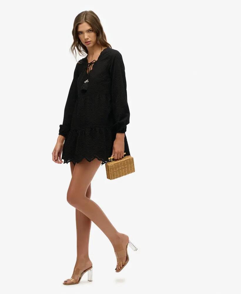 superdry Sukienka Broderie Tiered Mini z bawełny czarna 5/7