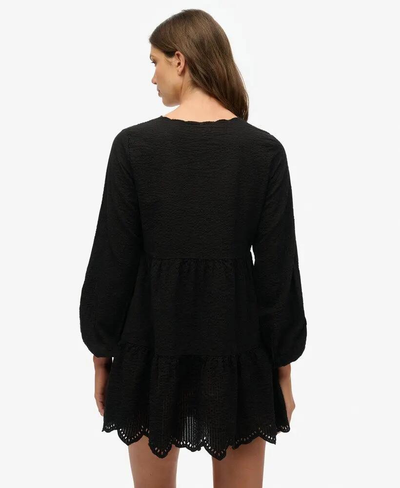 superdry Sukienka Broderie Tiered Mini z bawełny czarna 4/7