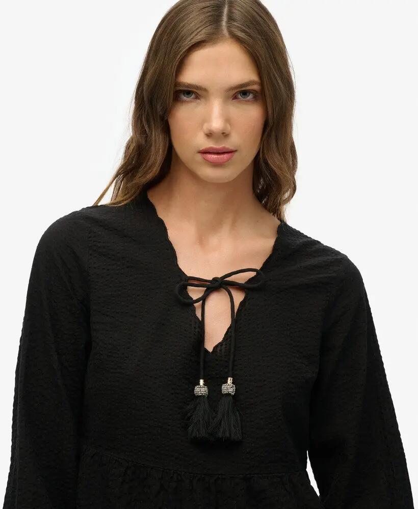superdry Sukienka Broderie Tiered Mini z bawełny czarna 3/7