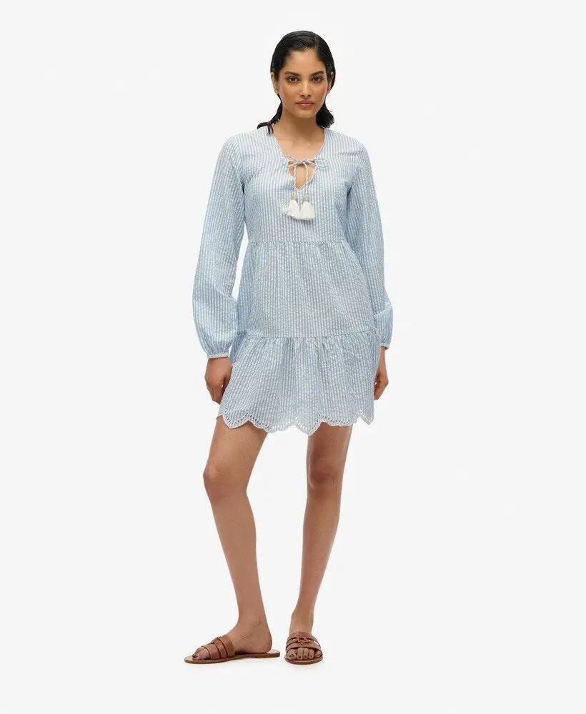 superdry Vestido mini em camadas com bordado - Algodão riscas azuis 3/7