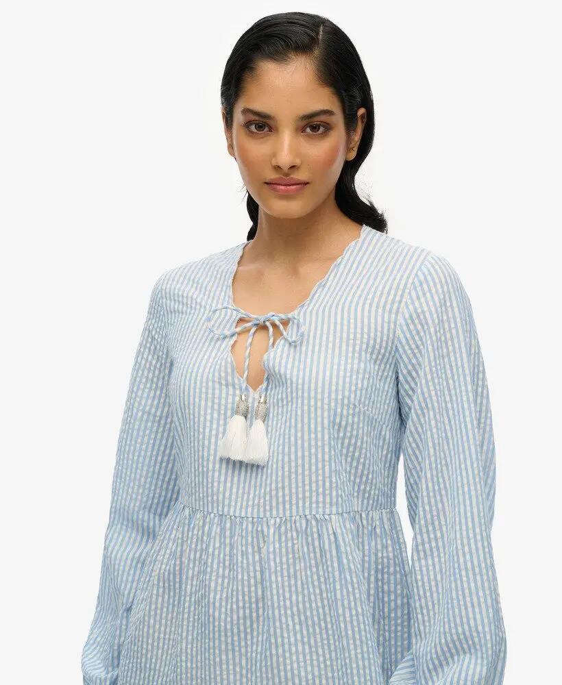 superdry Vestido mini em camadas com bordado - Algodão riscas azuis 2/7