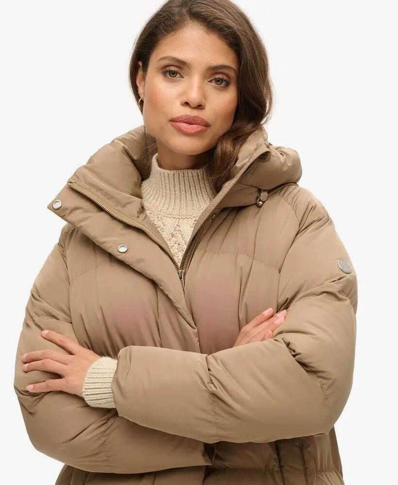superdry Longline Hooded Puffer Coat – doudoune longue avec capuche – Fossil 3/6