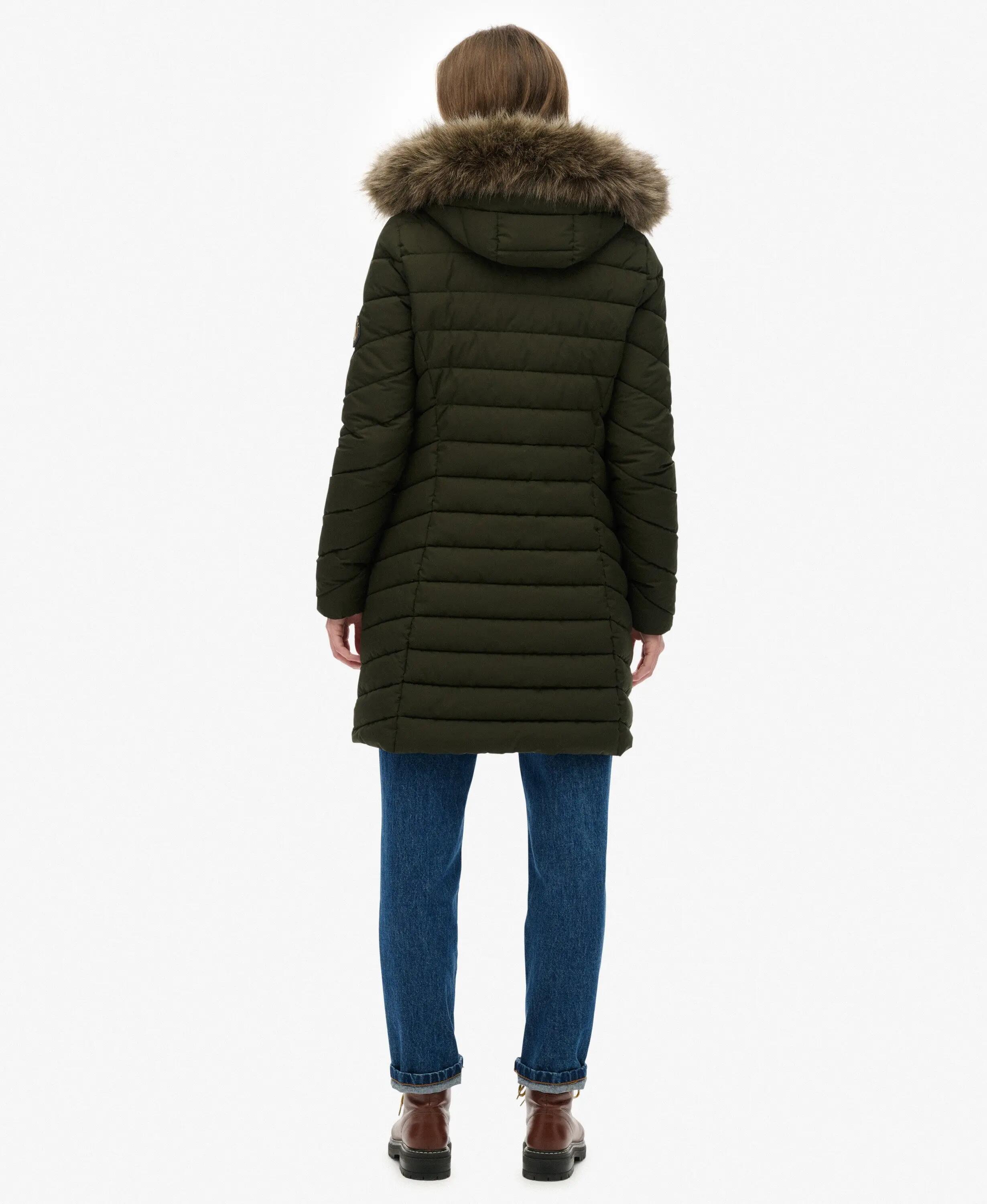 superdry Płaszcz Fuji z kapturem ze sztucznym futrem, długość mid 6/7