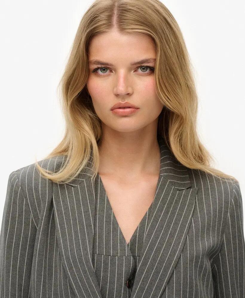 superdry Blazer Pinstripe Boyfriend slim fit riscas cinzento – Grey Pinstripe 4/7