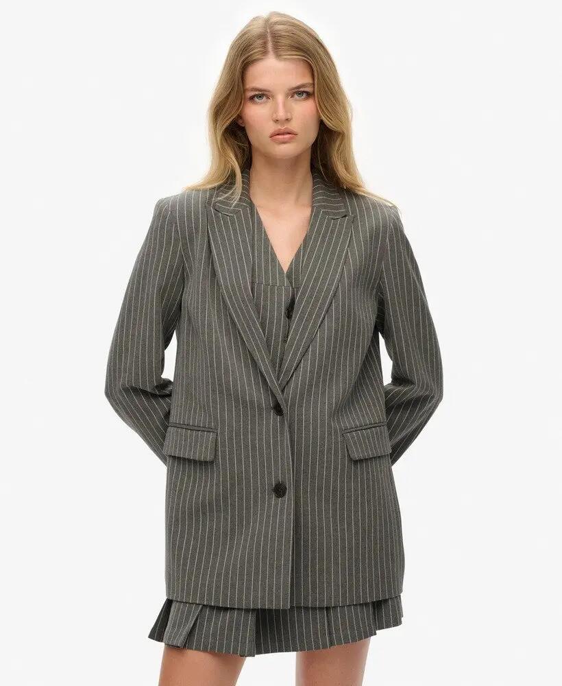 superdry Blazer Pinstripe Boyfriend slim fit riscas cinzento – Grey Pinstripe 2/7