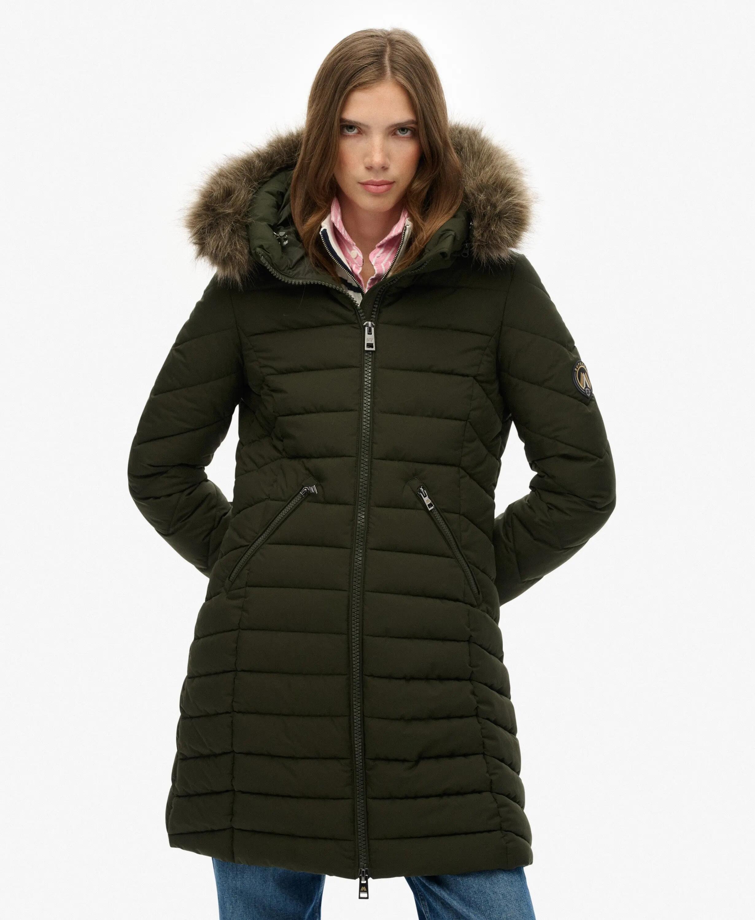 superdry Płaszcz Fuji z kapturem ze sztucznym futrem, długość mid 5/7