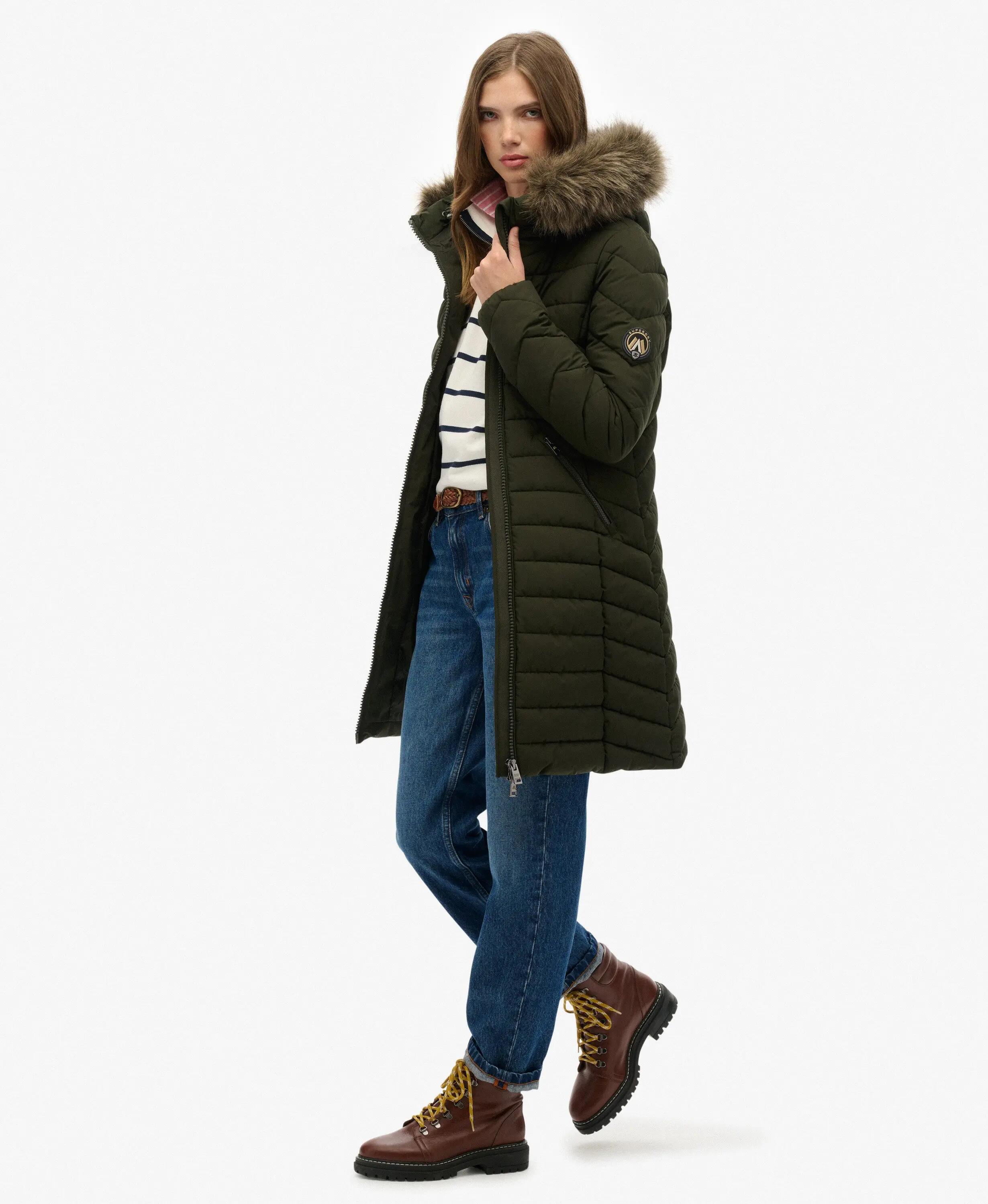 superdry Płaszcz Fuji z kapturem ze sztucznym futrem, długość mid 3/7