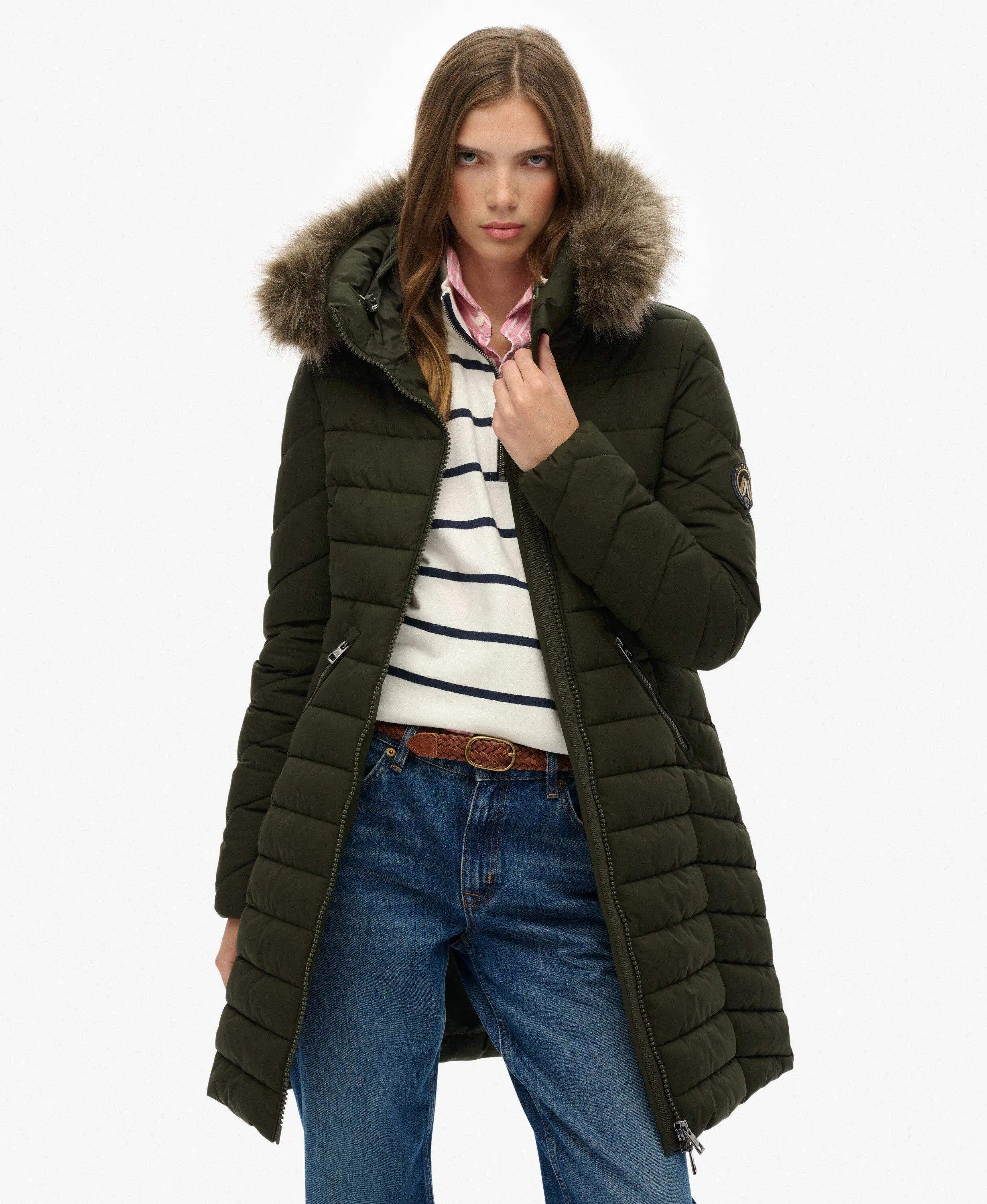 superdry Płaszcz Fuji z kapturem ze sztucznym futrem, długość mid 2/7