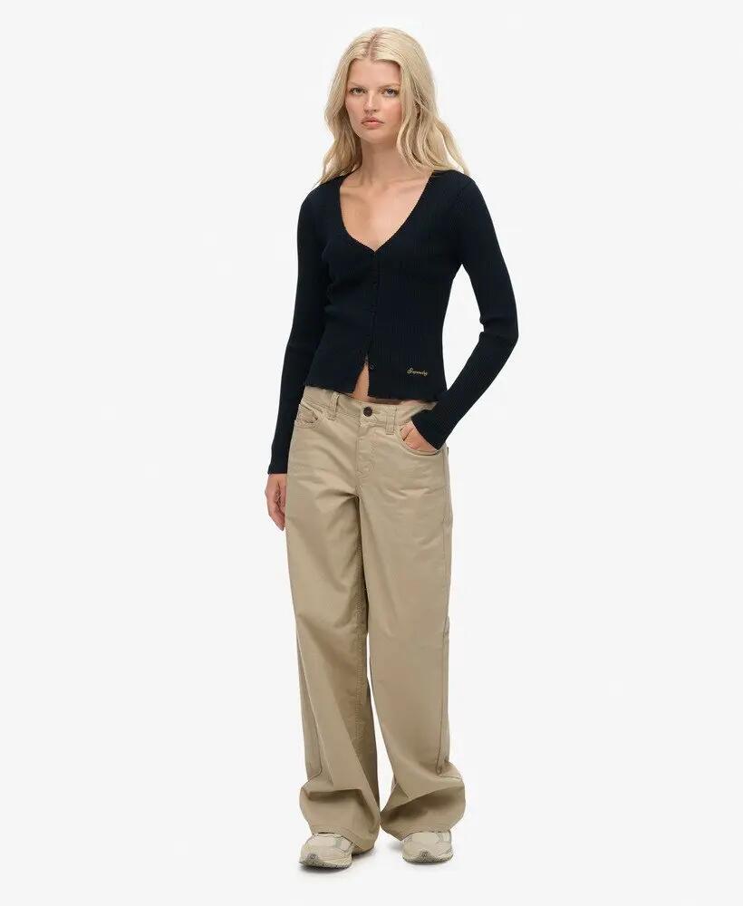 superdry Essential lang mouwen top met knopen van geribd katoen 3/6