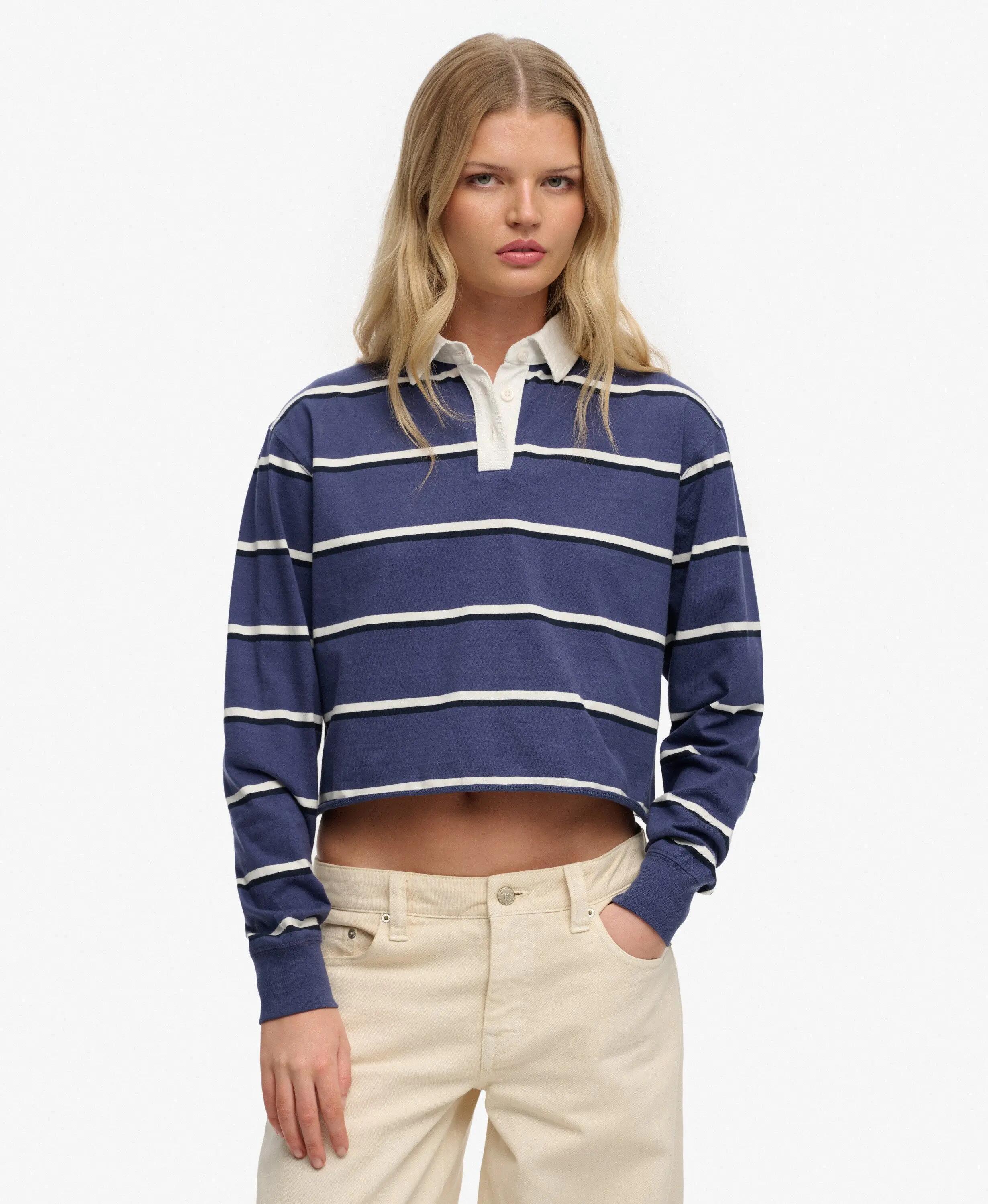 superdry Top Rugby Corto a Righe – Fit Oversized – Mariner Navy/Ecru Stripe 2/5
