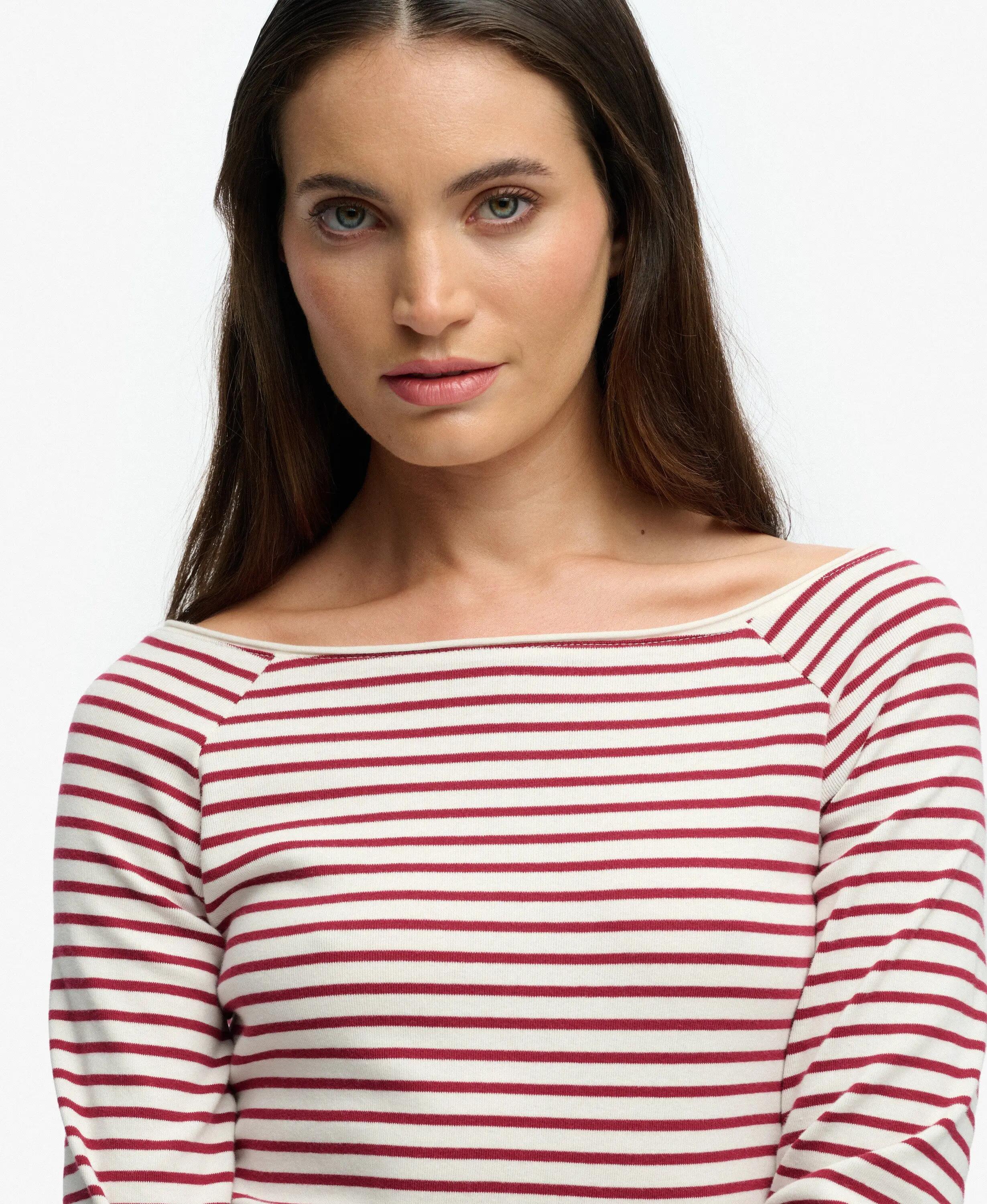 superdry Bardot Off Shoulder Top in cotone bio – slim fit, righe bordeaux 4/5