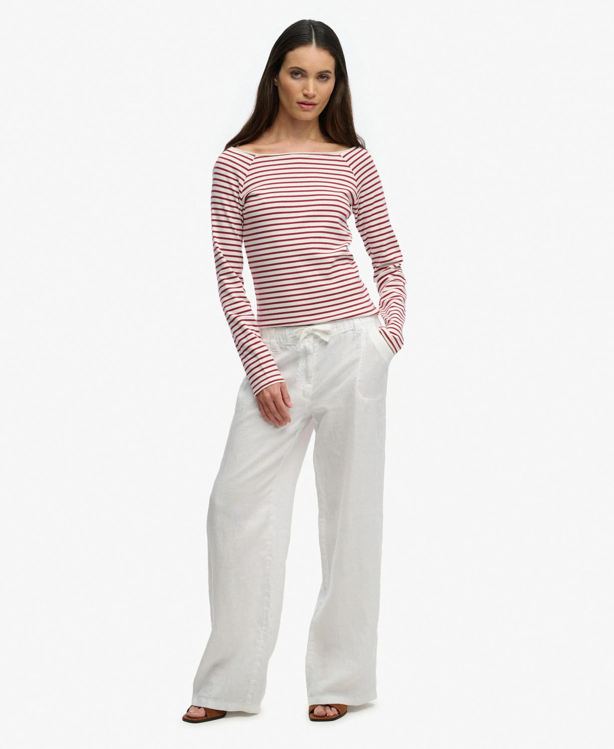 superdry Bardot Off Shoulder Top in cotone bio – slim fit, righe bordeaux 3/5