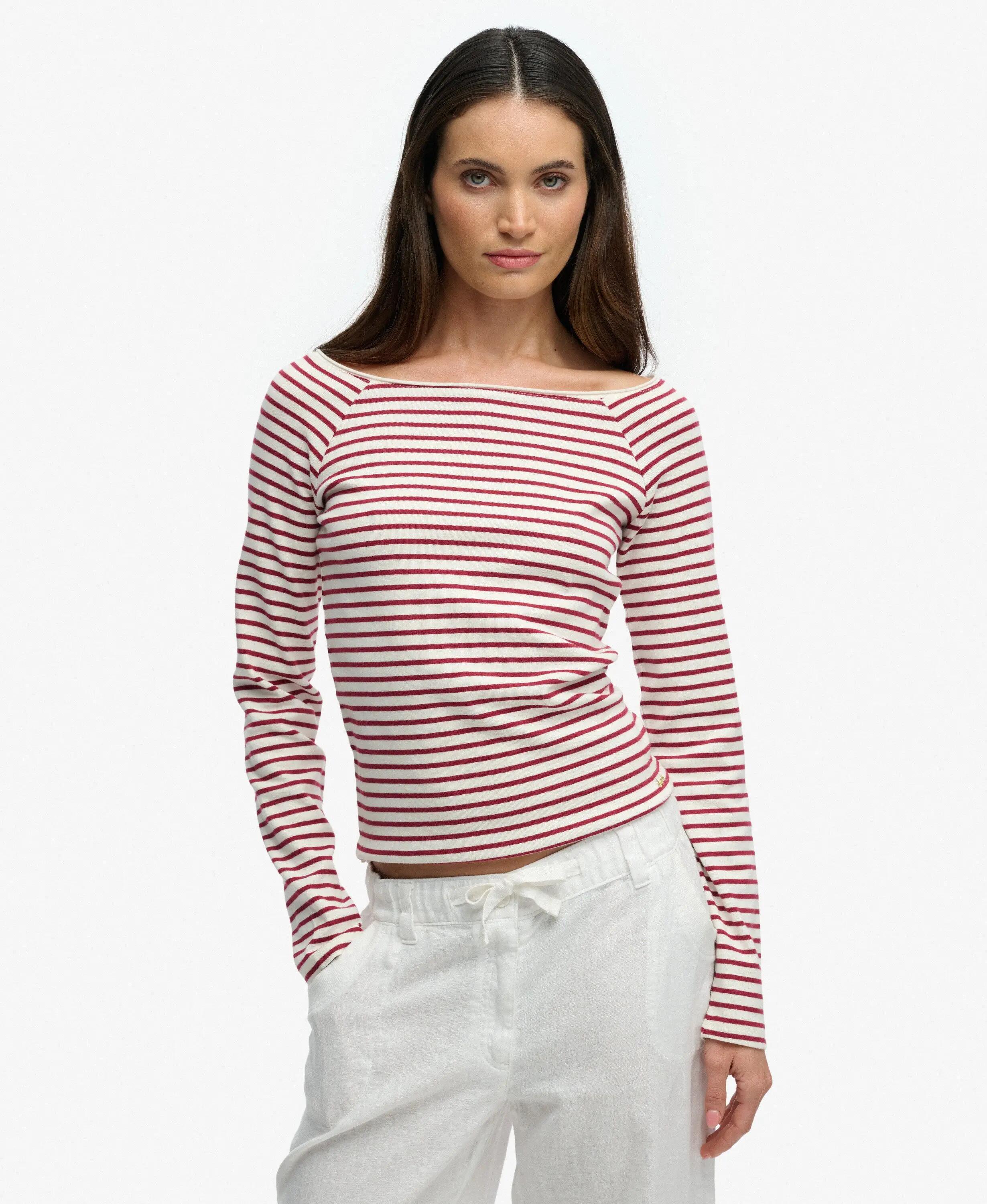superdry Bardot Off Shoulder Top in cotone bio – slim fit, righe bordeaux 2/5