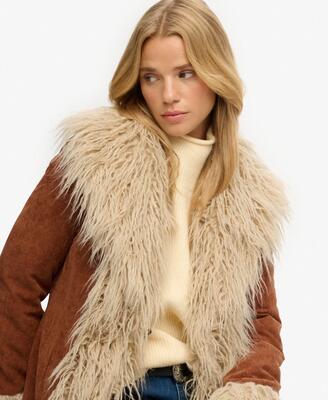 Superdry long afghan coat slim fit ribcord rustic chestnut brown