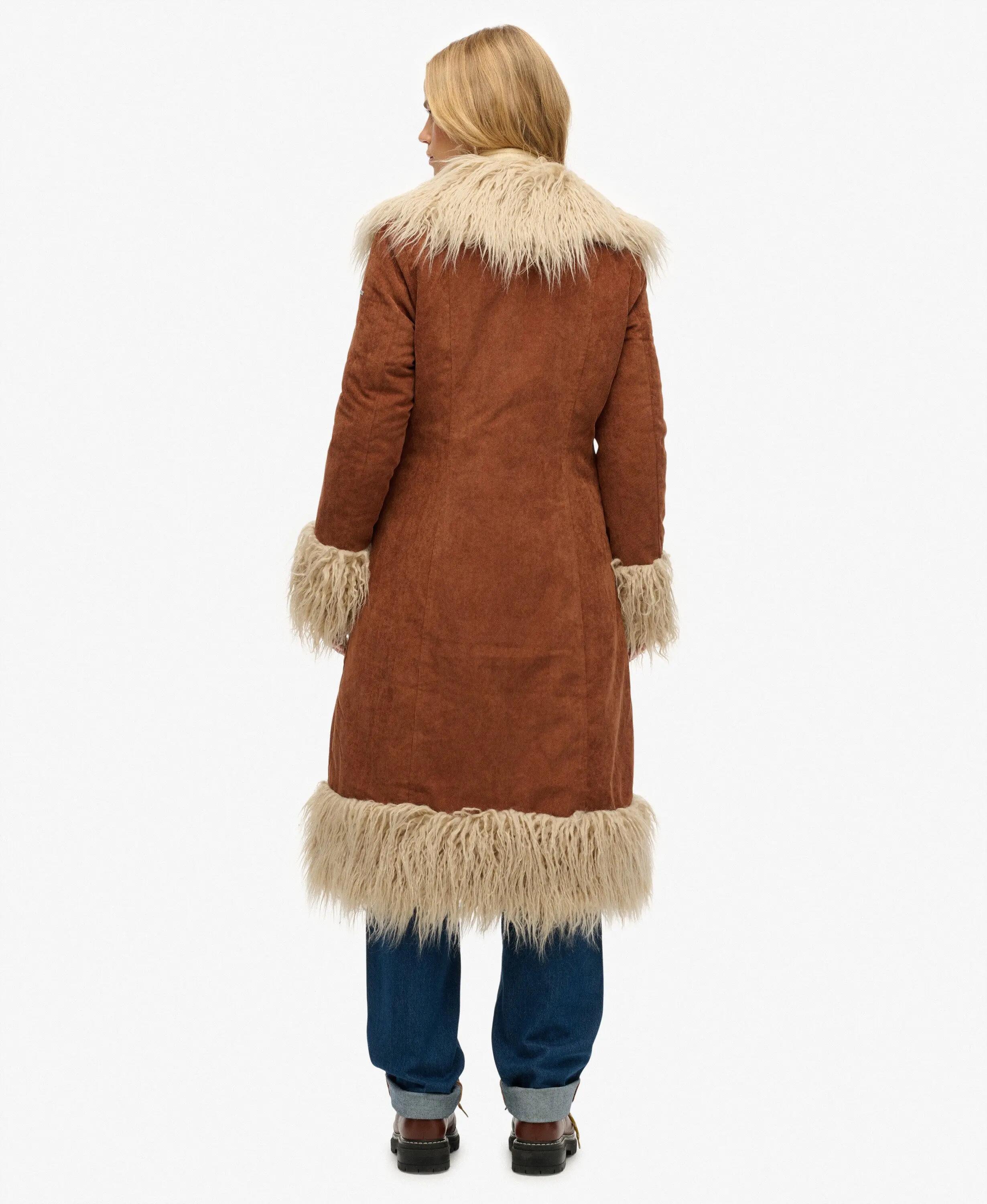 superdry Long Afghan Coat slim fit ribcord Rustic Chestnut Brown 6/7