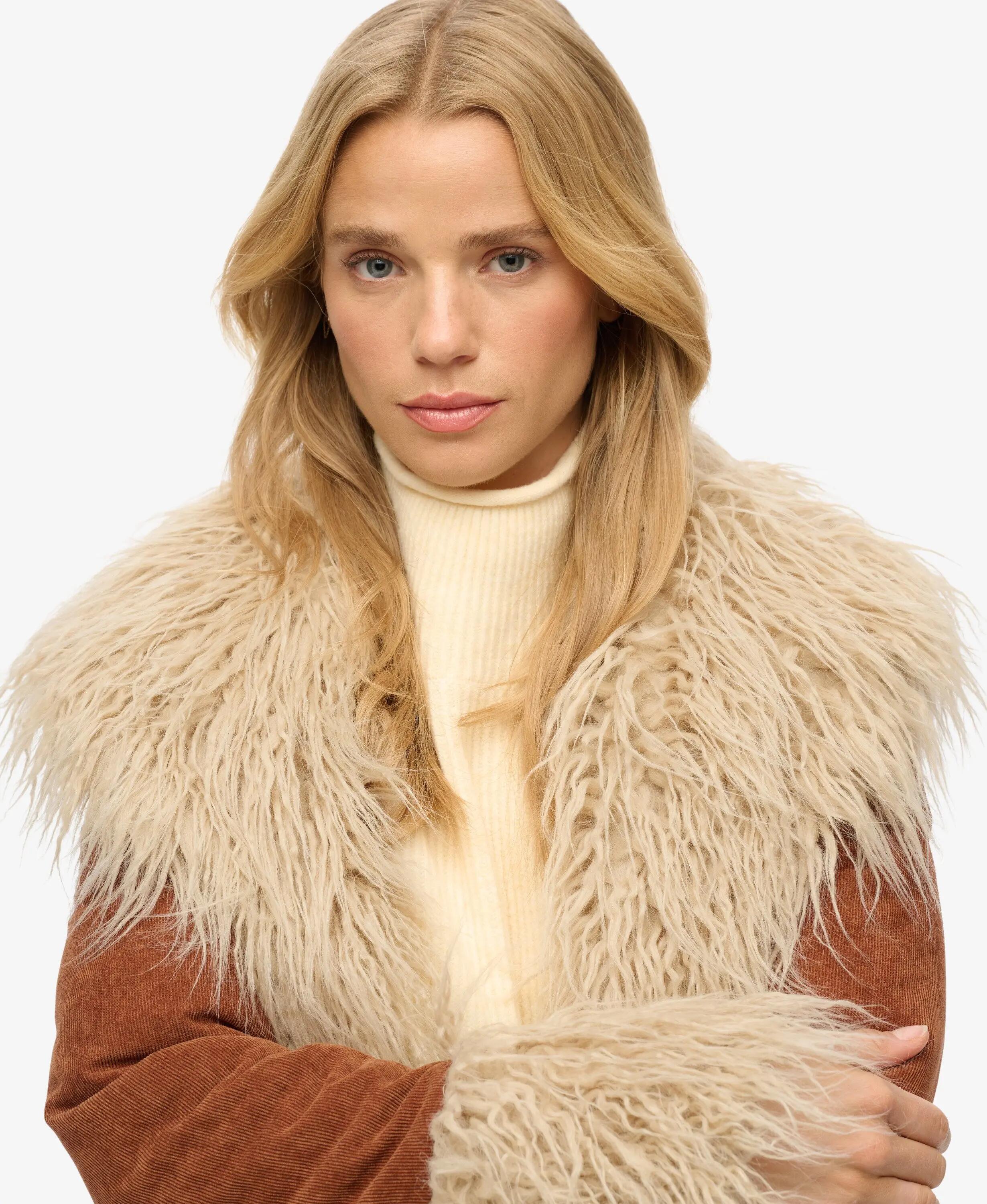 superdry Long Afghan Coat slim fit ribcord Rustic Chestnut Brown 5/7
