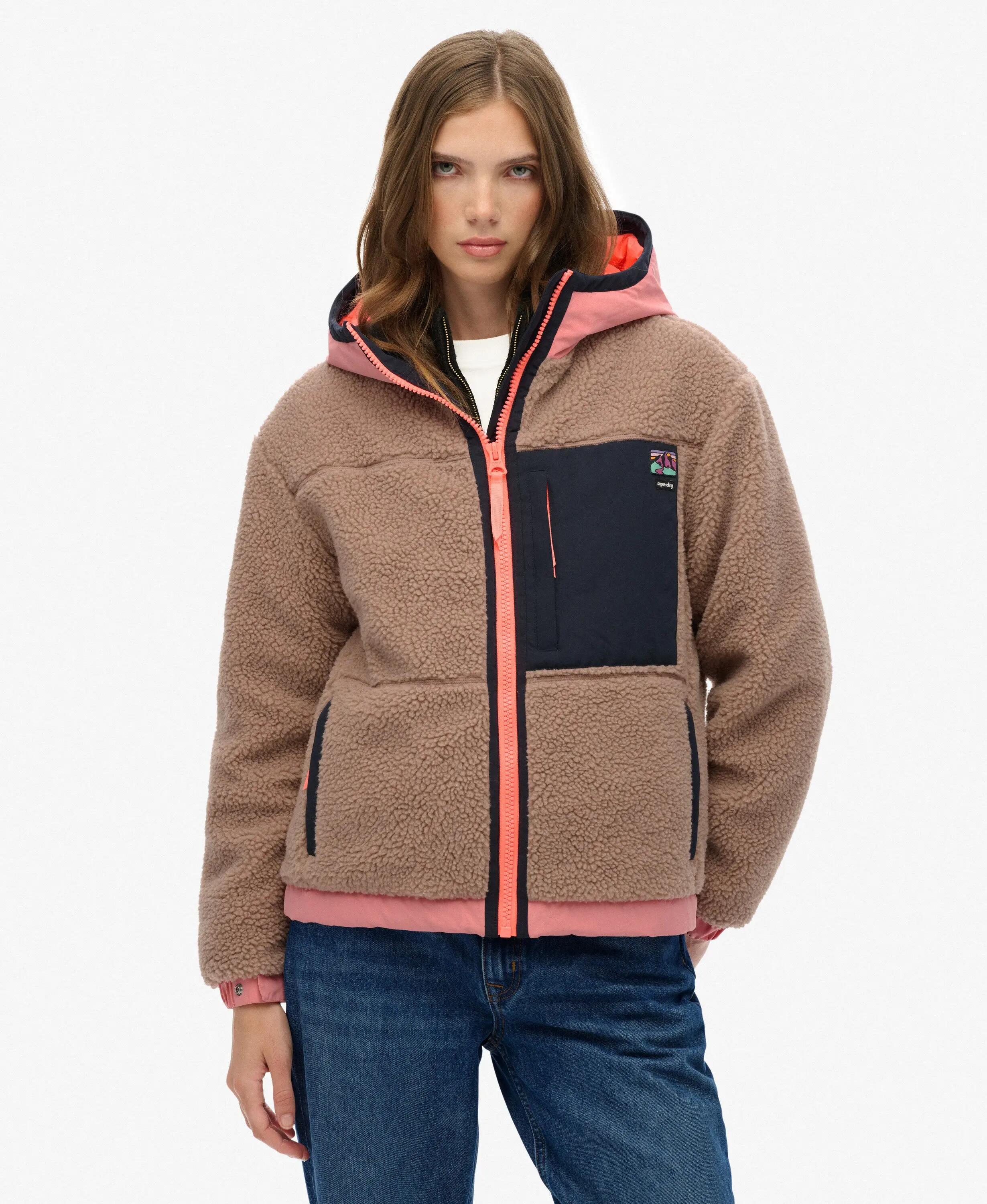 superdry Vintage Sherpa Fleece Jacke mit Kapuze, leicht wattiert – Light Taupe 1/7