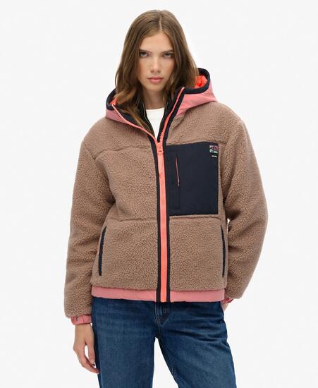 superdry Vintage Sherpa Fleece Jacke mit Kapuze, leicht gepolstert – Light Taupe