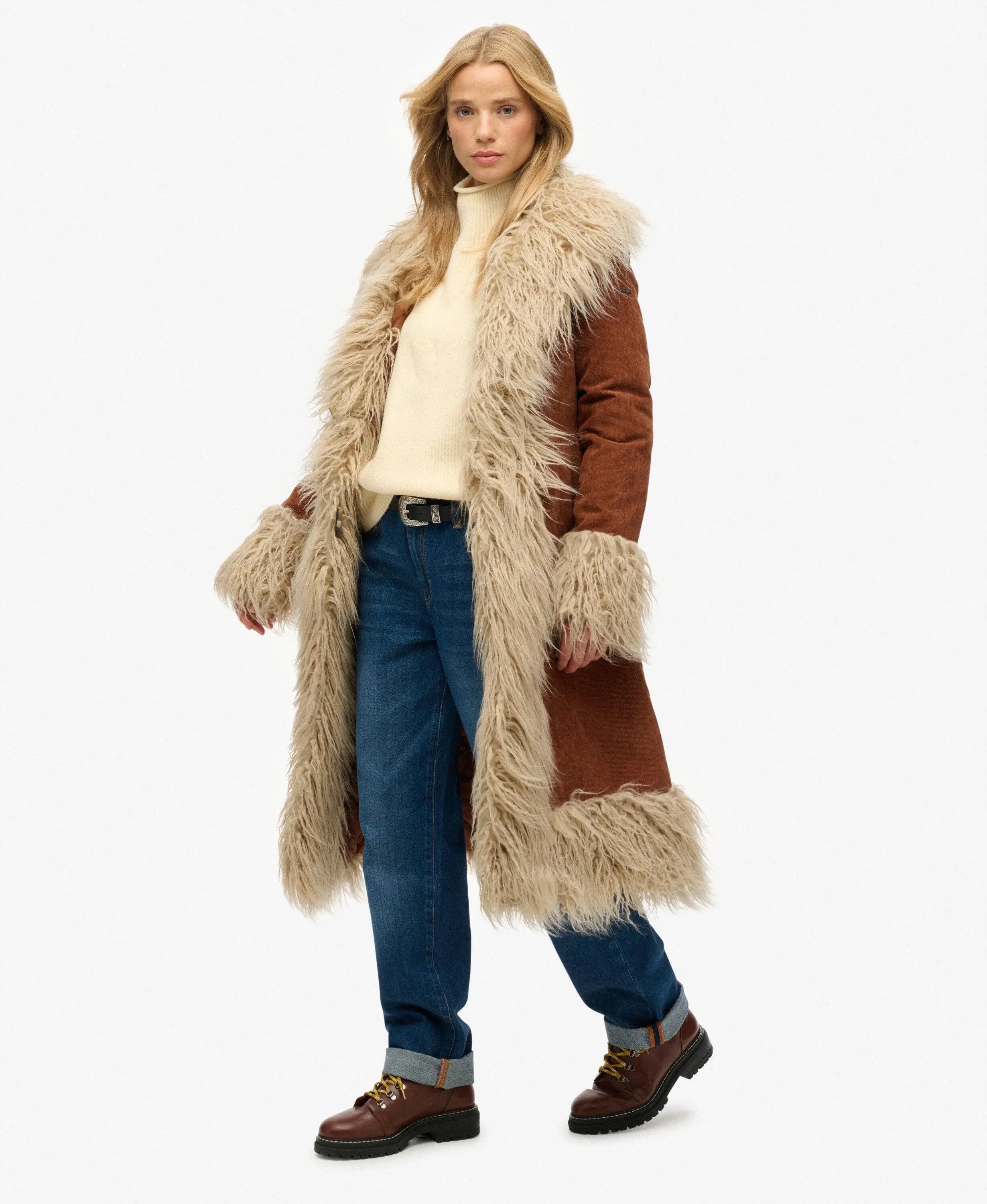 superdry Long Afghan Coat slim fit ribcord Rustic Chestnut Brown 4/7